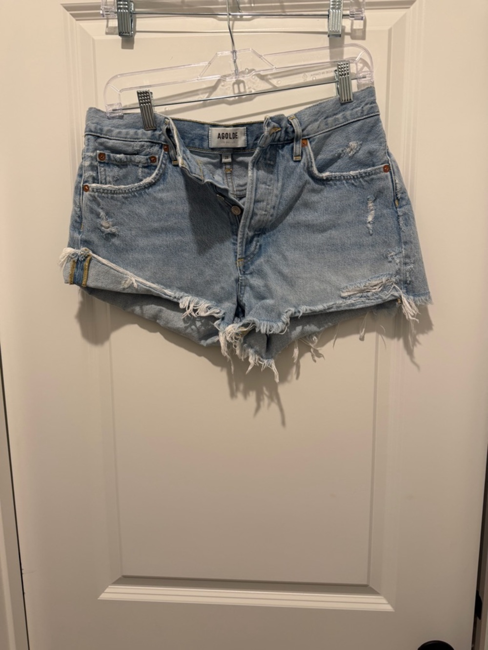 Agolde Light Blue Distressed Denim Cutoff Shorts